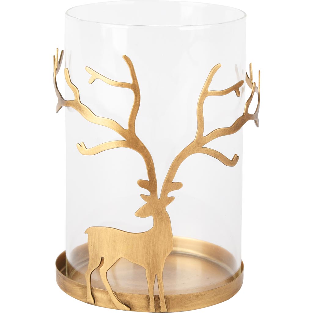 Dekoratief | Theelichthouder m/hert, goud/transparant, metaal/glas, 13x13x20cm | A255090