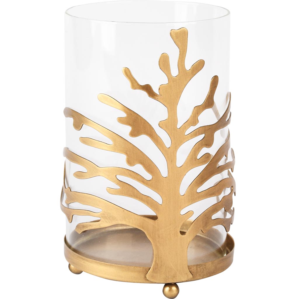 Dekoratief | Theelichthouder m/boom, goud/transparant, metaal/glas, 11x11x16cm | A255091