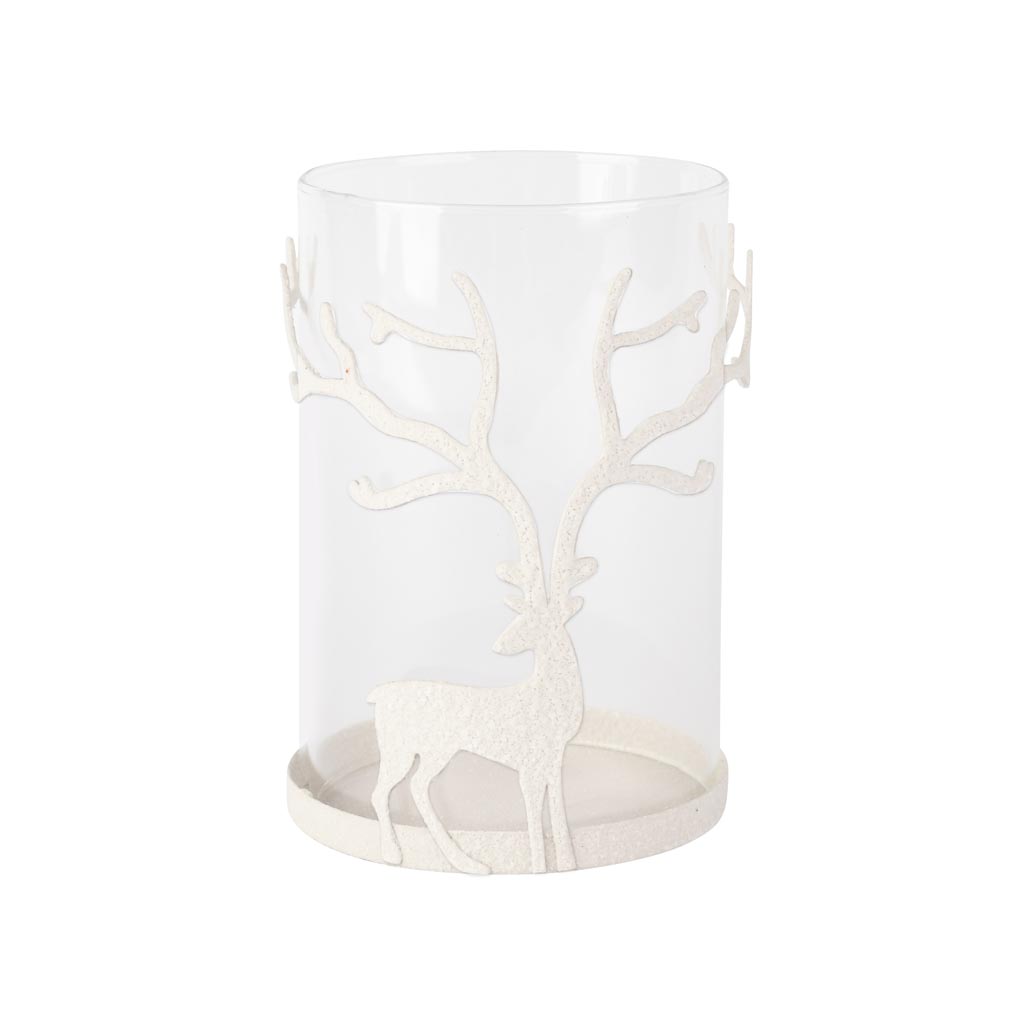 Dekoratief | Theelichthouder m/hert, wit/transparant, metaal/glas, 9x9x14cm | A255094