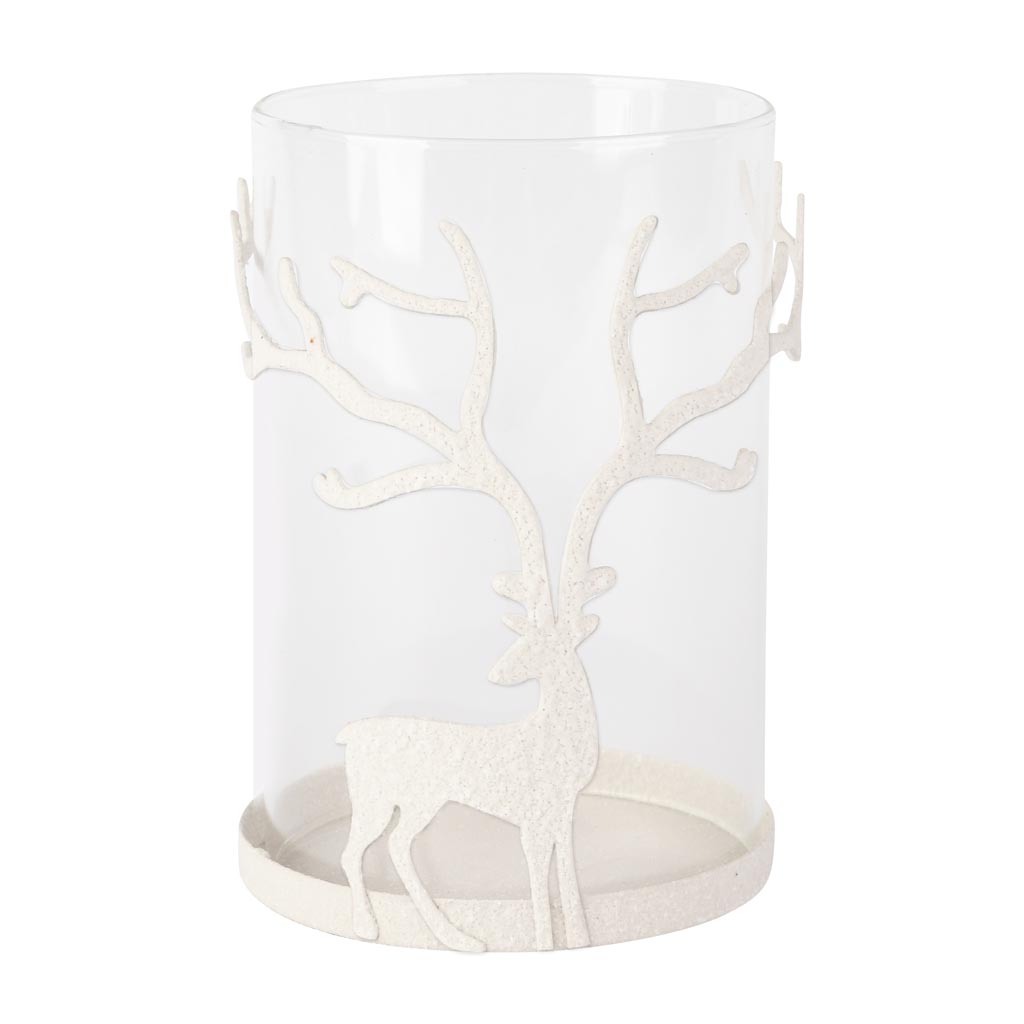Dekoratief | Theelichthouder m/hert, wit/transparant, metaal/glas, 11x11x15cm | A255095