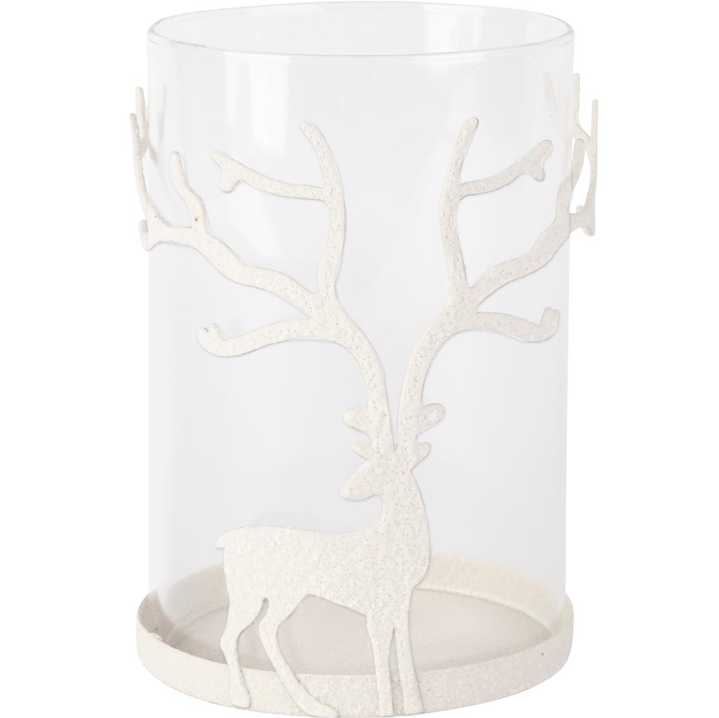 Dekoratief | Theelichthouder m/hert, wit/transparant, metaal/glas, 13x13x20cm | A255096
