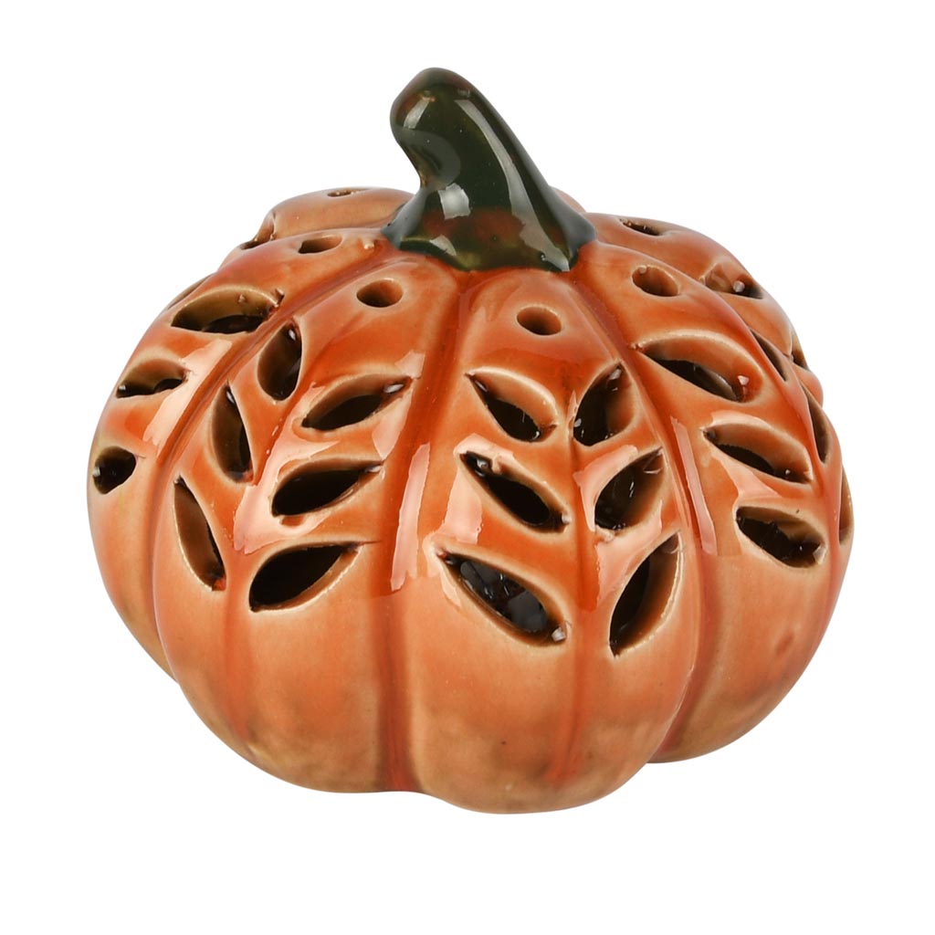 Dekoratief | Deco pompoen, oranje/groen, porselein, LED, 9x9x8cm | A255118