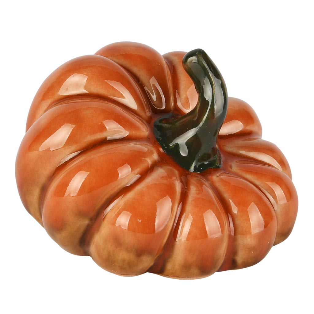 Dekoratief | Deco pompoen, oranje/groen, porselein, 9x8x6cm | A255122