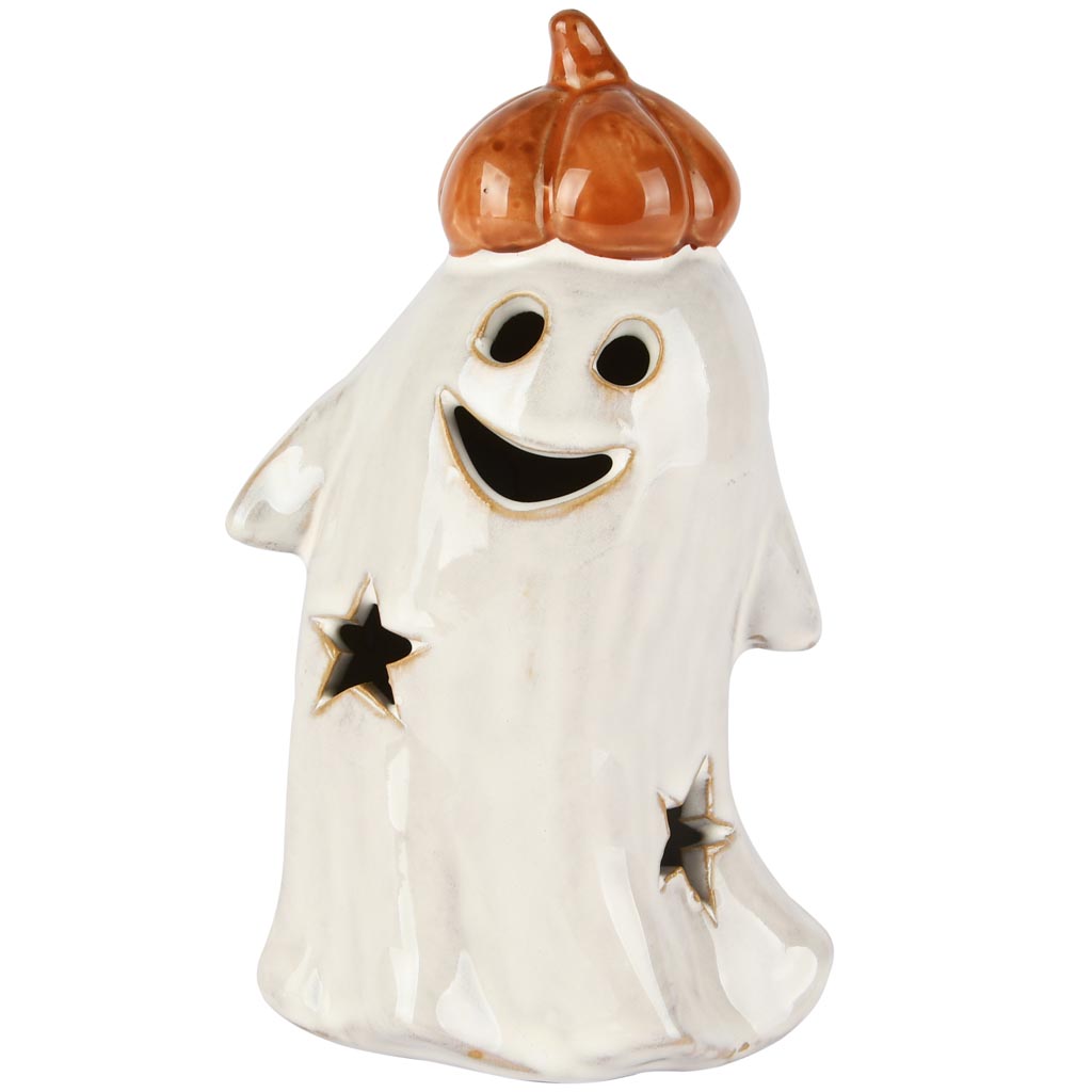 Dekoratief | Spookje m/pompoenhoed, wit/oranje, porselein, LED, 9x8x15cm | A255132