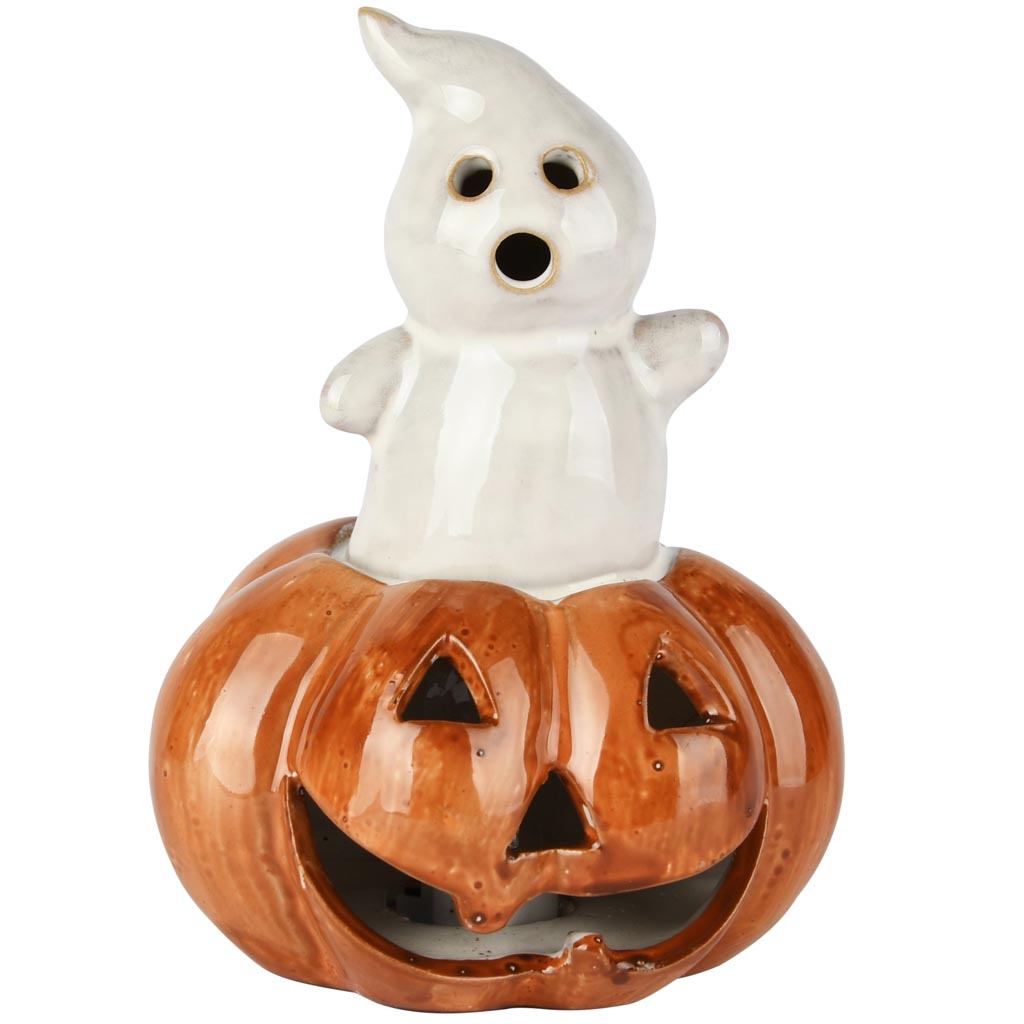 Dekoratief | Spookje m/pompoen, wit/oranje, porselein, LED, 11x10x15cm | A255133