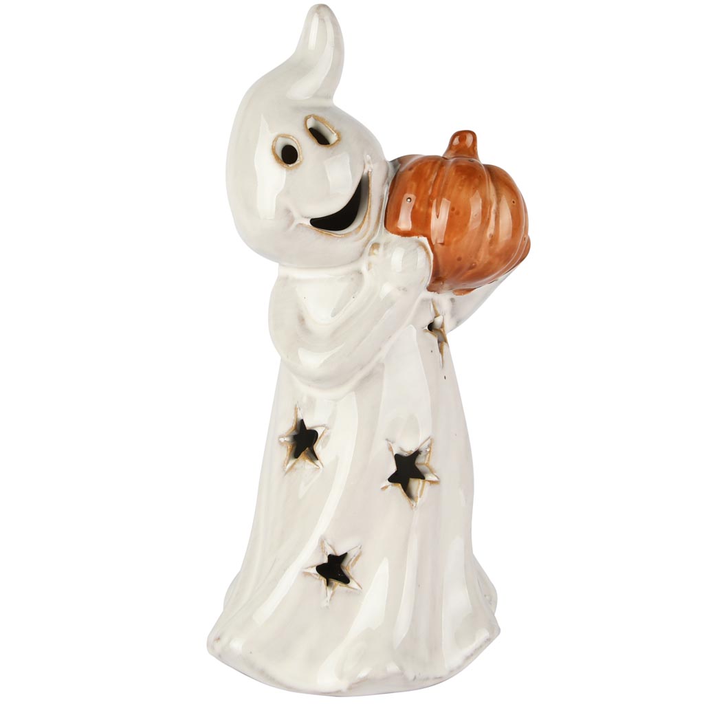 Dekoratief | Spookje m/pompoen, wit/oranje, porselein, LED, 10x8x20cm | A255134
