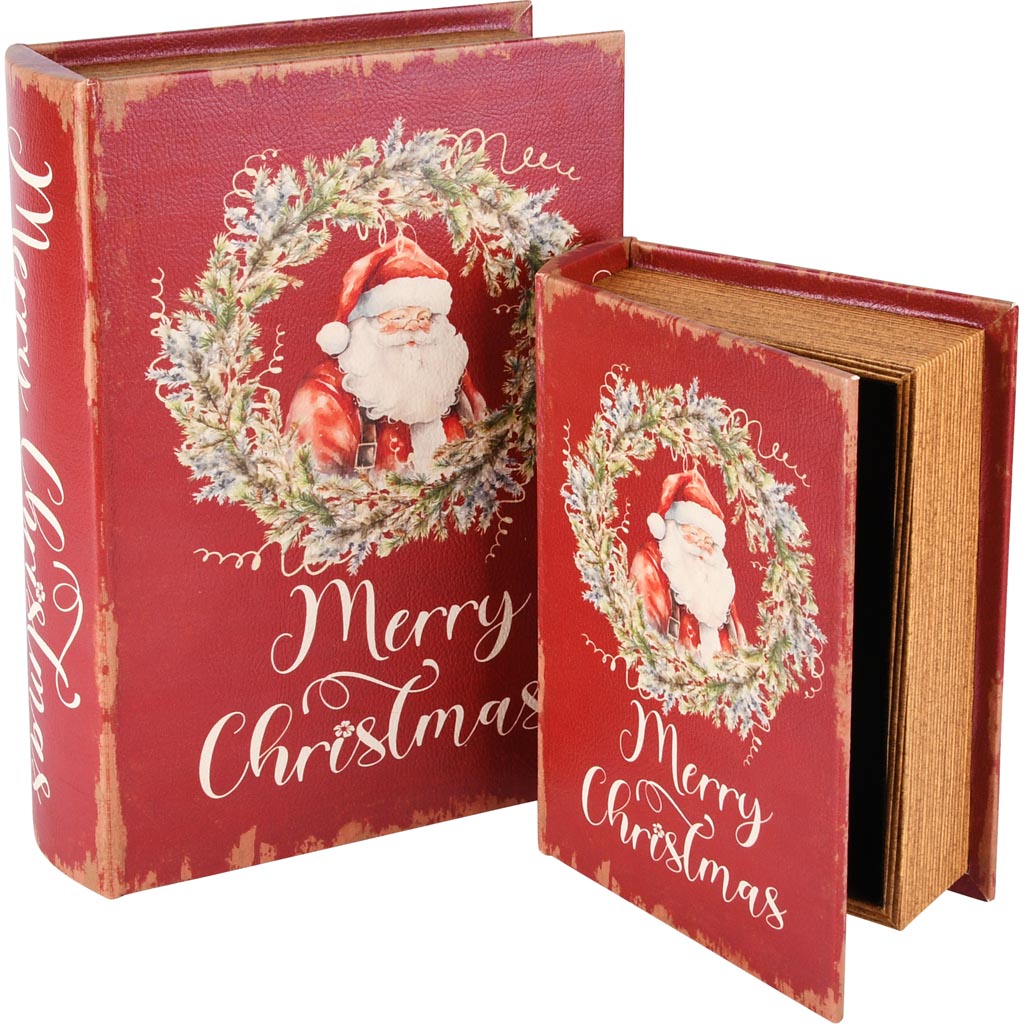 Dekoratief | Set 2 boekdozen 'Santa in Wreath', hout, 20x15x6cm | A255146