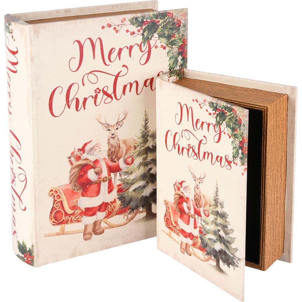 Dekoratief | Set 2 boekdozen 'Santa With Sleigh', hout, 20x15x6cm | A255147