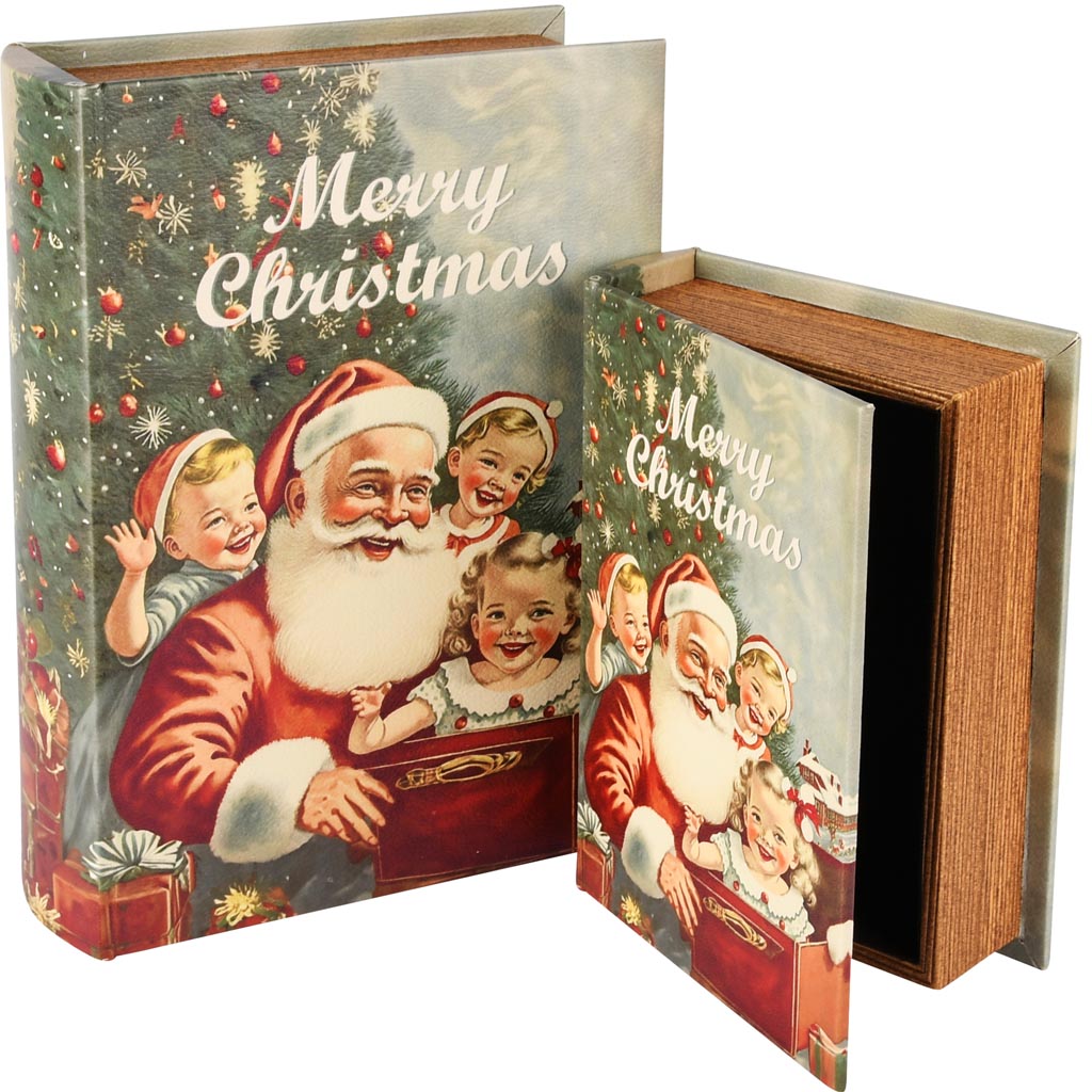 Dekoratief | Set 2 boekdozen 'Santa With Children', hout, 20x15x6cm | A255148