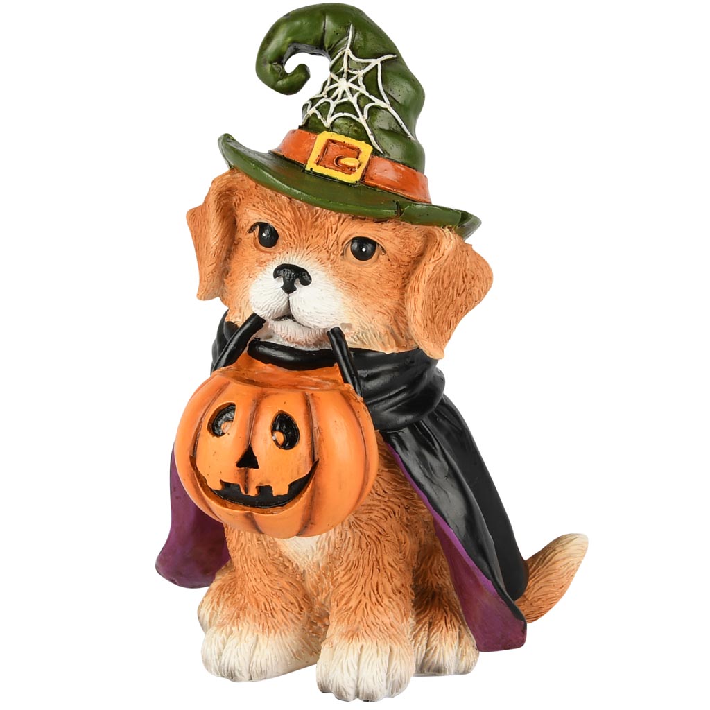 Dekoratief | Hond halloween m/pompoen, bruin/oranje, resina, 8x10x13cm | A255164