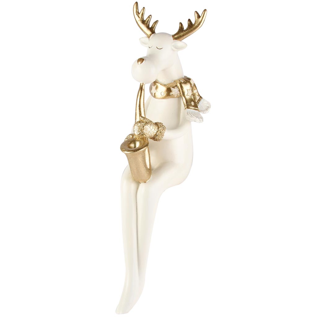 Dekoratief | Rendier zittend m/saxofoon, wit/goud, resina, 10x15x37cm | A255202