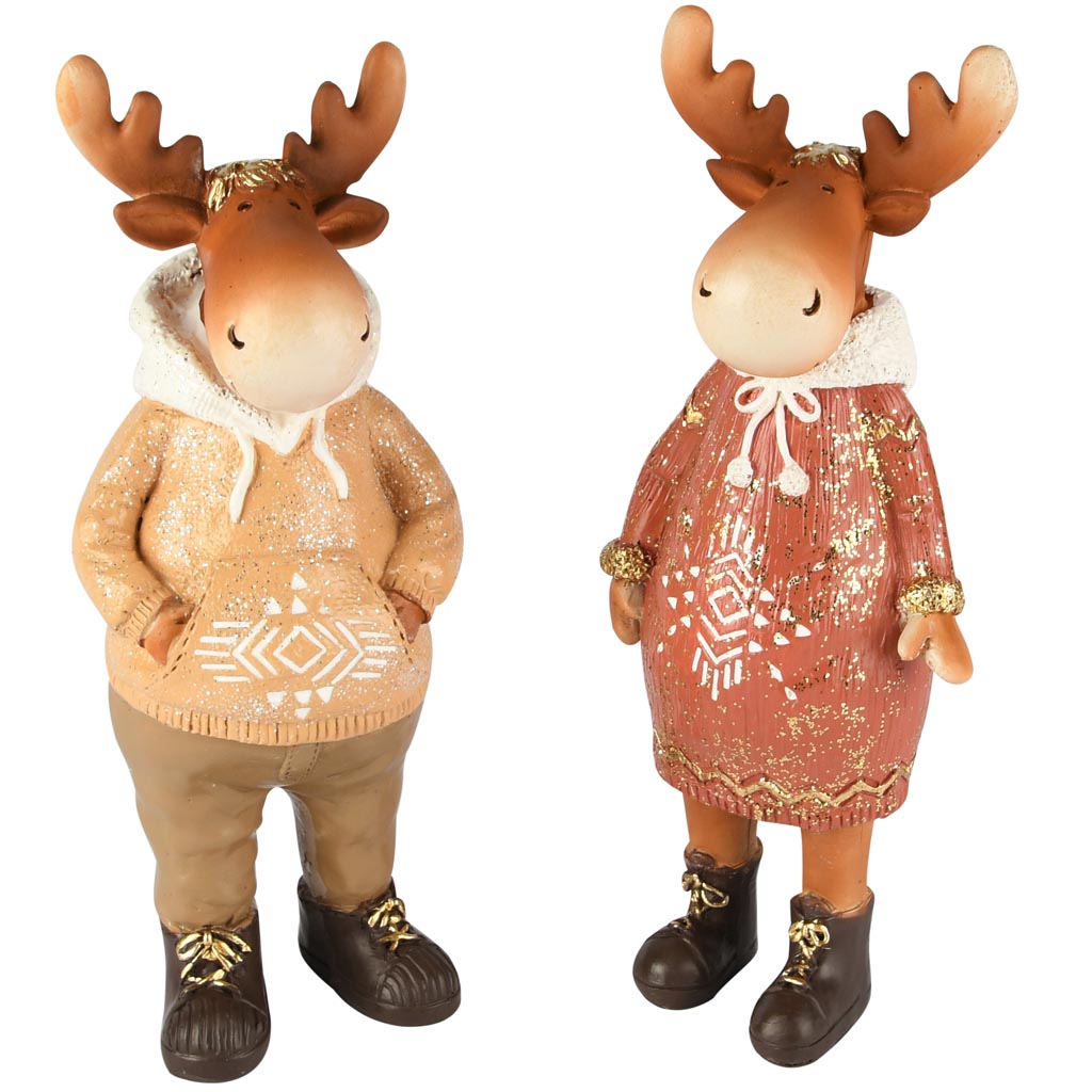 Dekoratief | Rendier staand, bruin/creme/rood, resina, 8x7x21cm, set van 2 stuks | A255206