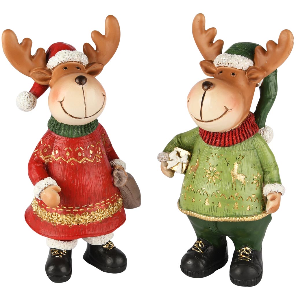 Dekoratief | Rendier staand m/kerstmuts, rood/groen, resina, 9x7x18cm, set van 2 stuks | A255219
