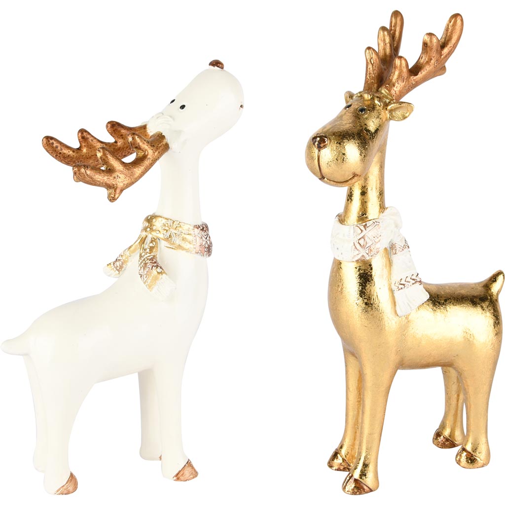 Dekoratief | Rendier staand m/sjaal, wit/goud, resina, 11x7x22cm, set van 2 stuks | A255221
