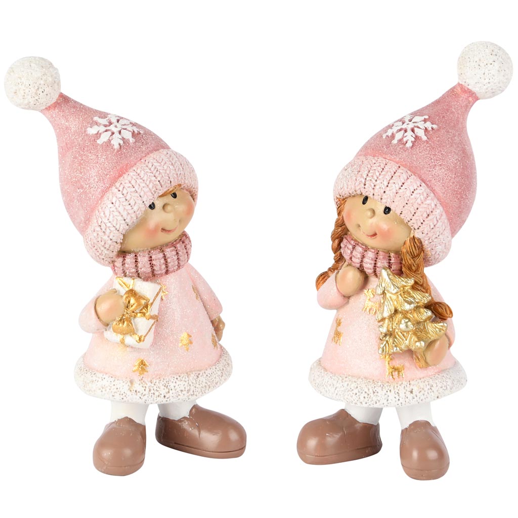 Dekoratief | Winterkindje staand m/boompje, roze/wit, resina, 6x5x13cm, set van 2 stuks | A255228