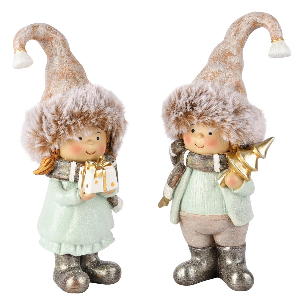 Dekoratief | Winterkindje staand, beige/blauw, resina, 6x5x18cm, set van 2 stuks | A255230