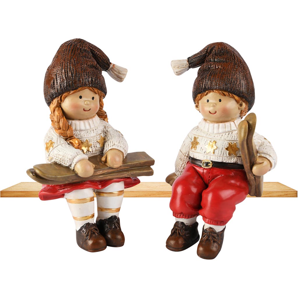 Dekoratief | Winterkindje zittend m/ski's, rood/wit, resina, 8x6x15cm, set van 2 stuks | A255238