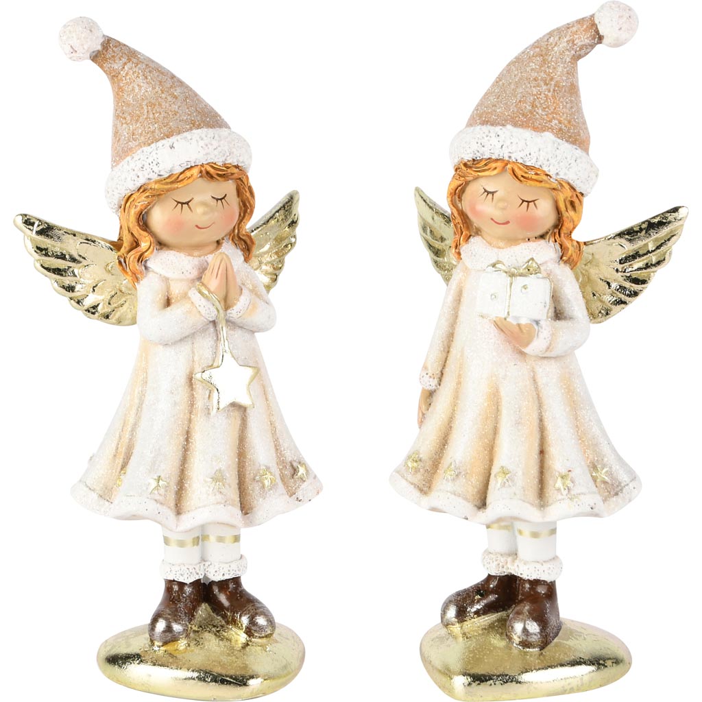 Dekoratief | Engeltje staand m/ster, wit/goud, resina, 8x5x16cm, set van 2 stuks | A255239