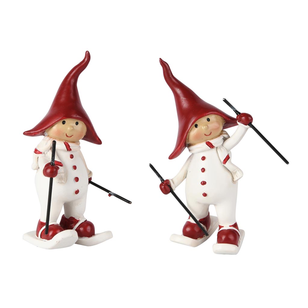 Dekoratief | Winterkindje op ski's, wit/rood, resina, 5x4x11cm, set van 2 stuks | A255249