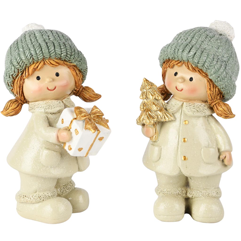 Dekoratief | Winterkindje staand, groen/blauw, resina, 6x7x12cm, set van 2 stuks | A255250