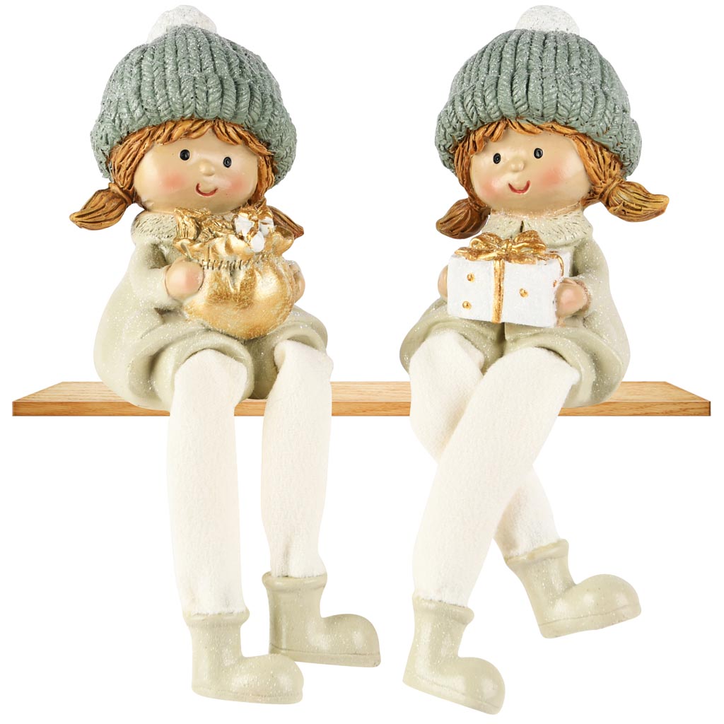 Dekoratief | Winterkindje m/hangbeentjes, groen/blauw, resina, 7x5x16cm, set van 2 stuks | A255251