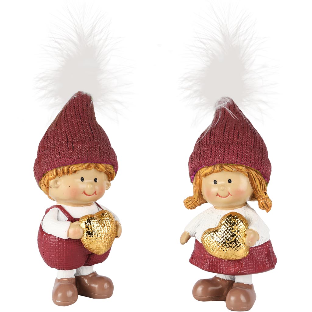 Dekoratief | Winterkindje staand m/hartje, wit/bordeaux, resina, 5x5x12cm, set van 2 stuks | A255254