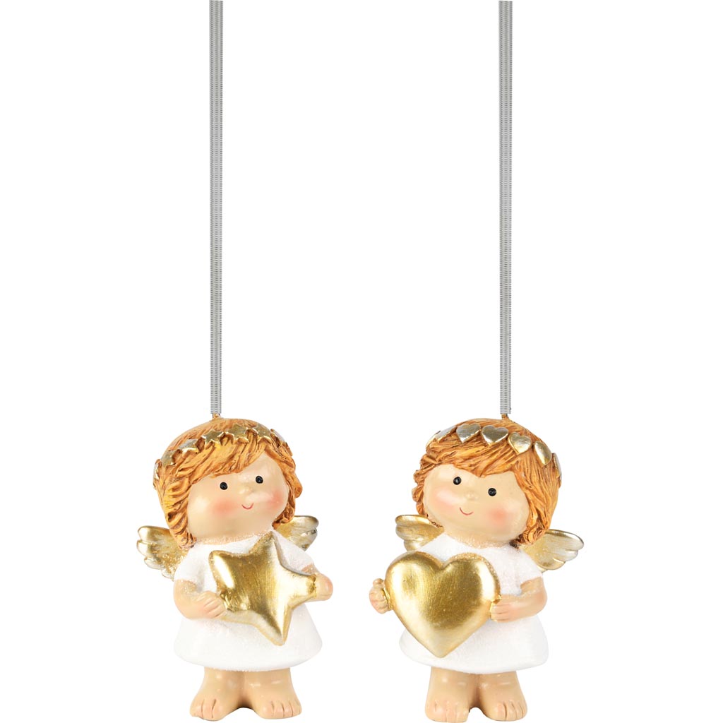 Dekoratief | Hanger engeltje m/hartje, wit/goud, resina, 5x3x7cm, set van 2 stuks | A255257