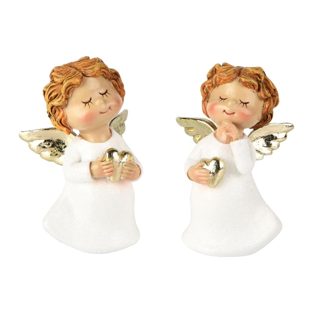 Dekoratief | Engeltje staand m/hartje, wit/goud, resina, 5x3x8cm, set van 2 stuks | A255261