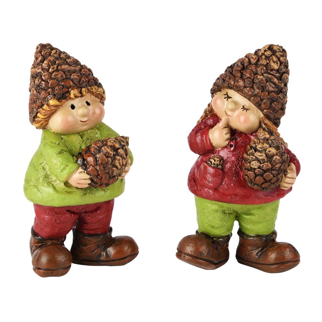 Dekoratief | Herfstkindje staand m/dennenappel, resina, 6x5x12cm, set van 2 stuks | A255268