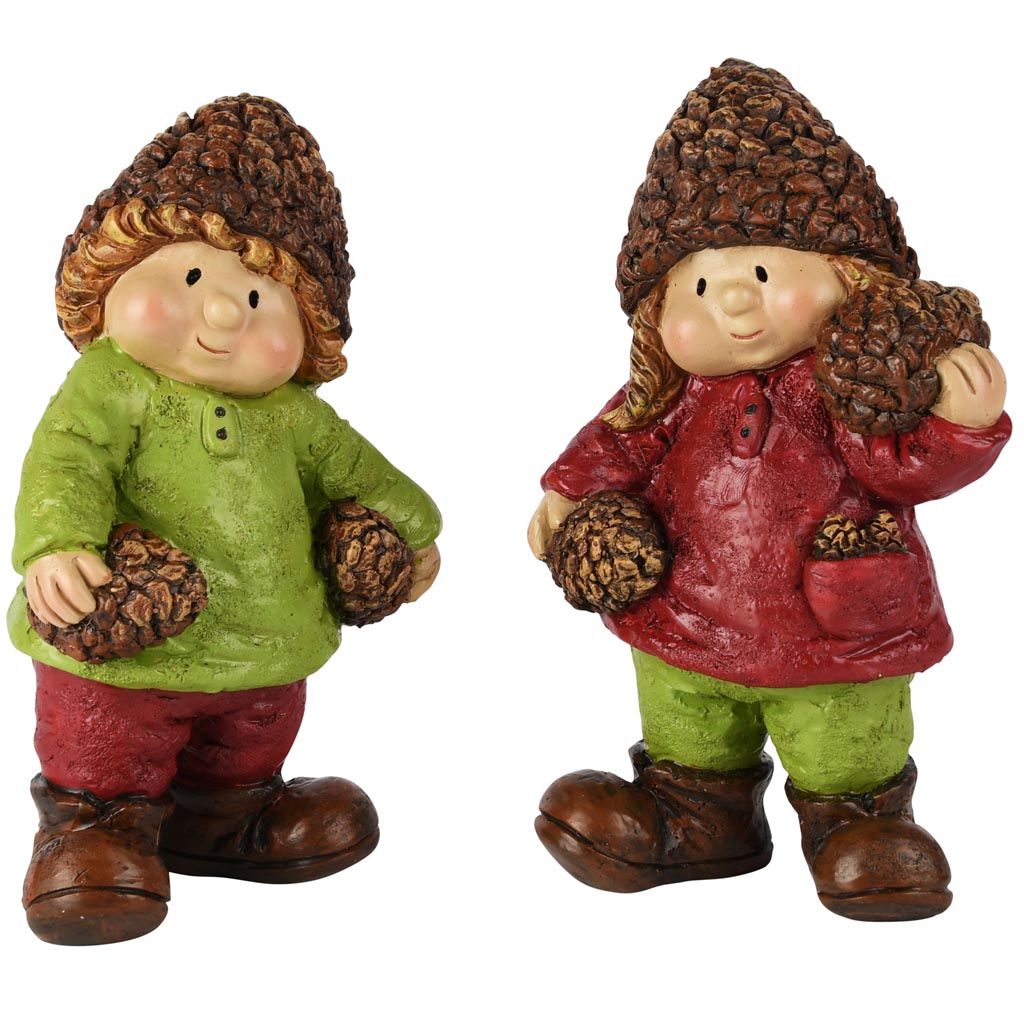 Dekoratief | Herfstkindje staand m/dennenappel, resina, 10x6x17cm, set van 2 stuks | A255269