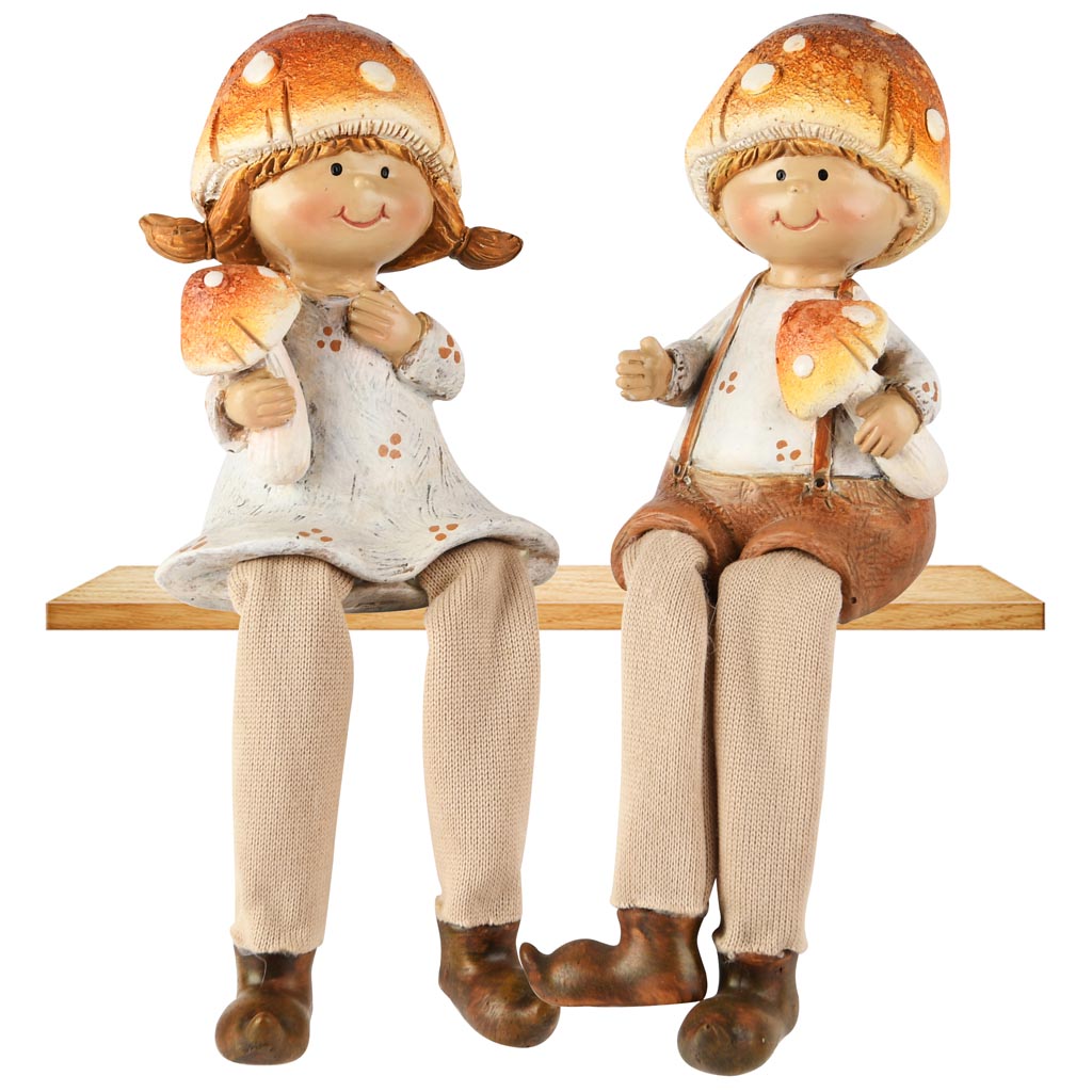 Dekoratief | Herfstkindje m/hangbeentjes m/paddenstoel, resina, 6x5x17cm, set van 2 stuks | A255273