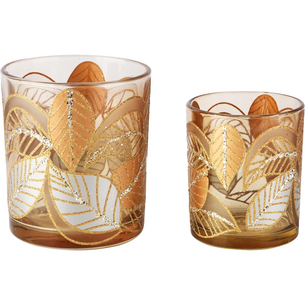 Dekoratief | Set 2 theelichthouders 'Glitter Leaves', goud, glas, 9x9x10cm | A255285