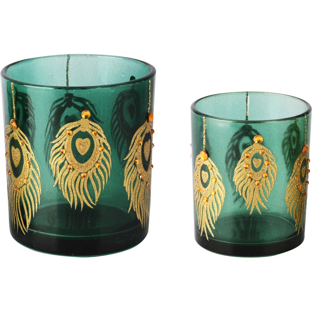 Dekoratief | Set 2 theelichthouders 'Dream Catcher', groen/goud, glas, 9x9x10cm | A255286