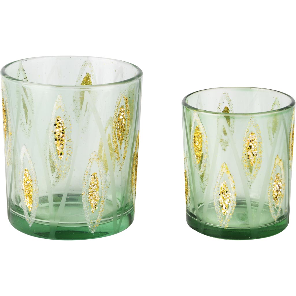 Dekoratief | Set 2 theelichthouders 'Glitter Rhombus', groen/goud, glas, 9x9x10cm | A255287