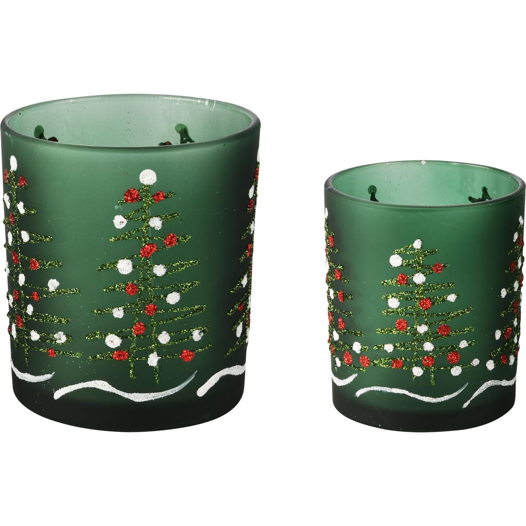 Dekoratief | Set 2 theelichthouders 'Chirstmas Trees', groen, glas, 9x9x10cm | A255288