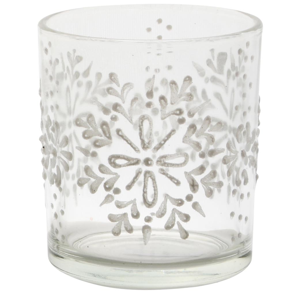 Dekoratief | Theelichthouder 'Winter Flake', transparant/wit, glas, 7x7x8cm | A255289