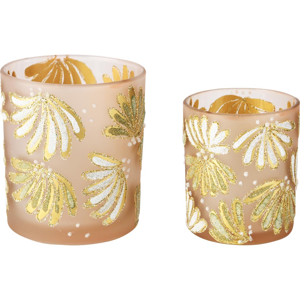 Dekoratief | Set 2 theelichthouders 'Glitter Fan', roze/goud, glas, 9x9x10cm | A255290