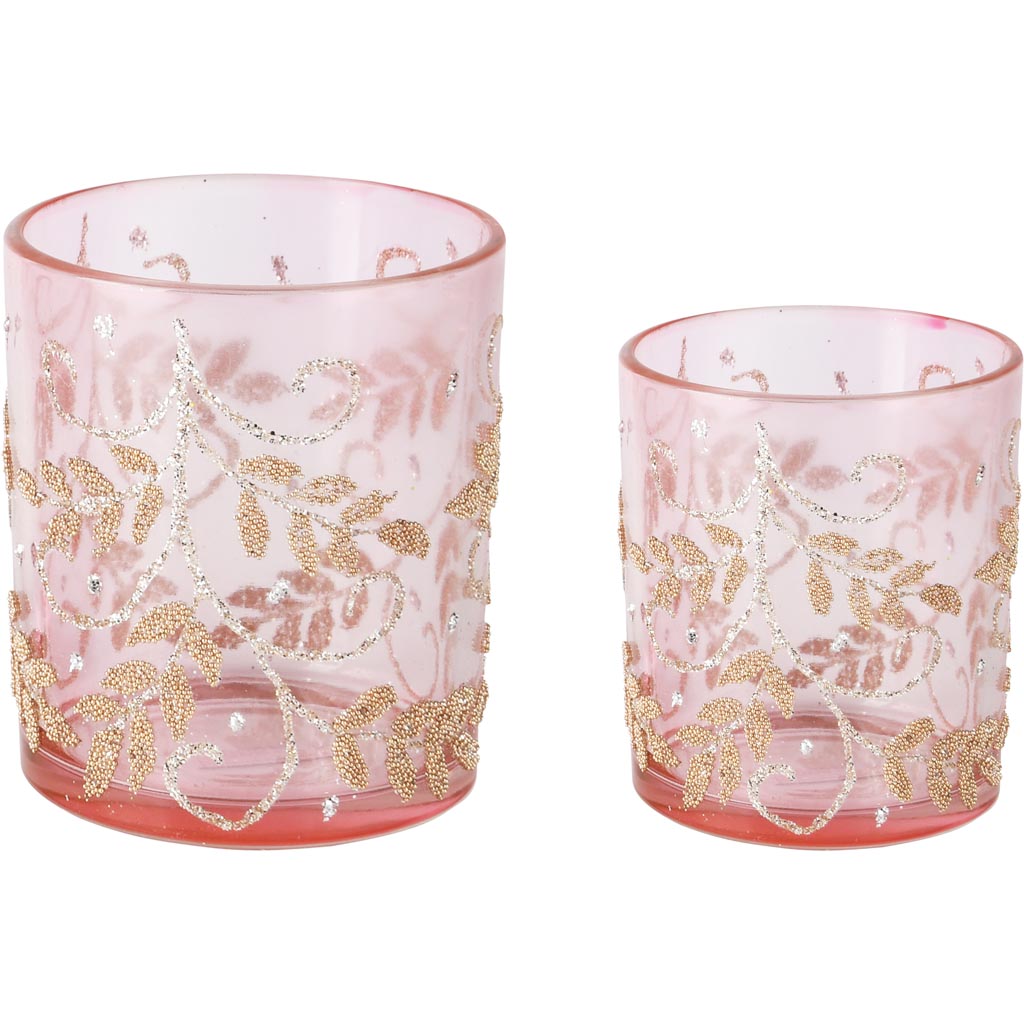Dekoratief | Set 2 theelichthouders 'Golden Twigs', roze, glas, 9x9x10cm | A255291