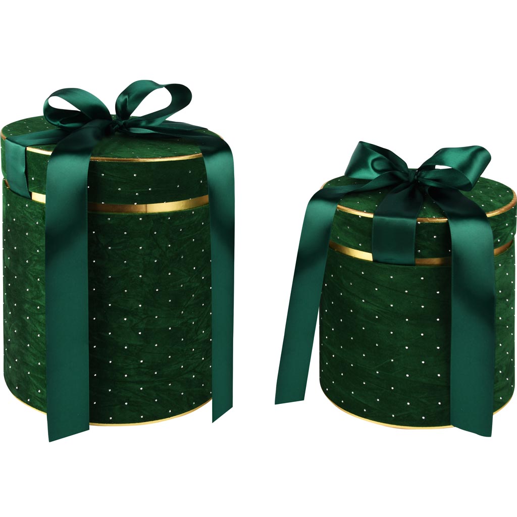 Dekoratief | Set 2 tondozen m/striklint, groen/goud, velvet/karton, 21x21x25cm | A255300