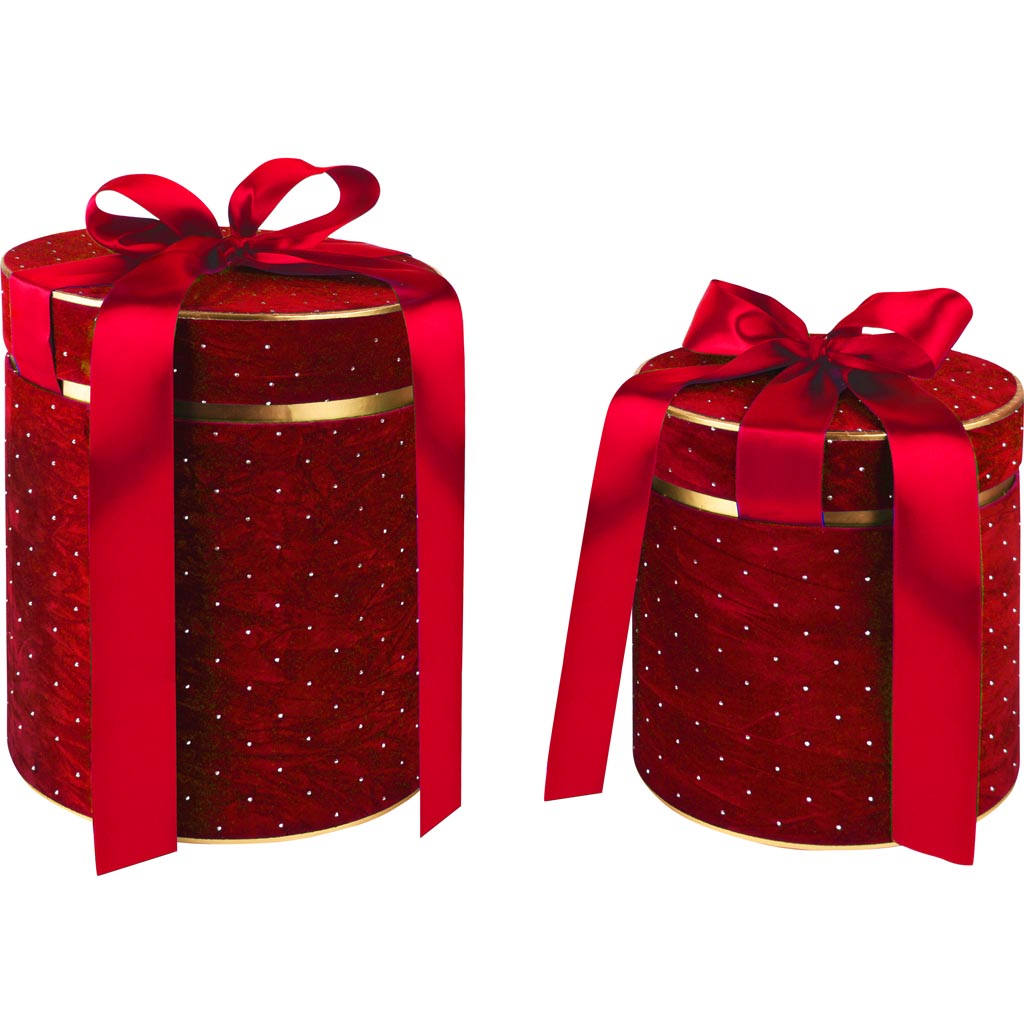 Dekoratief | Set 2 tondozen m/striklint, rood/goud, velvet/karton, 21x21x25cm | A255301