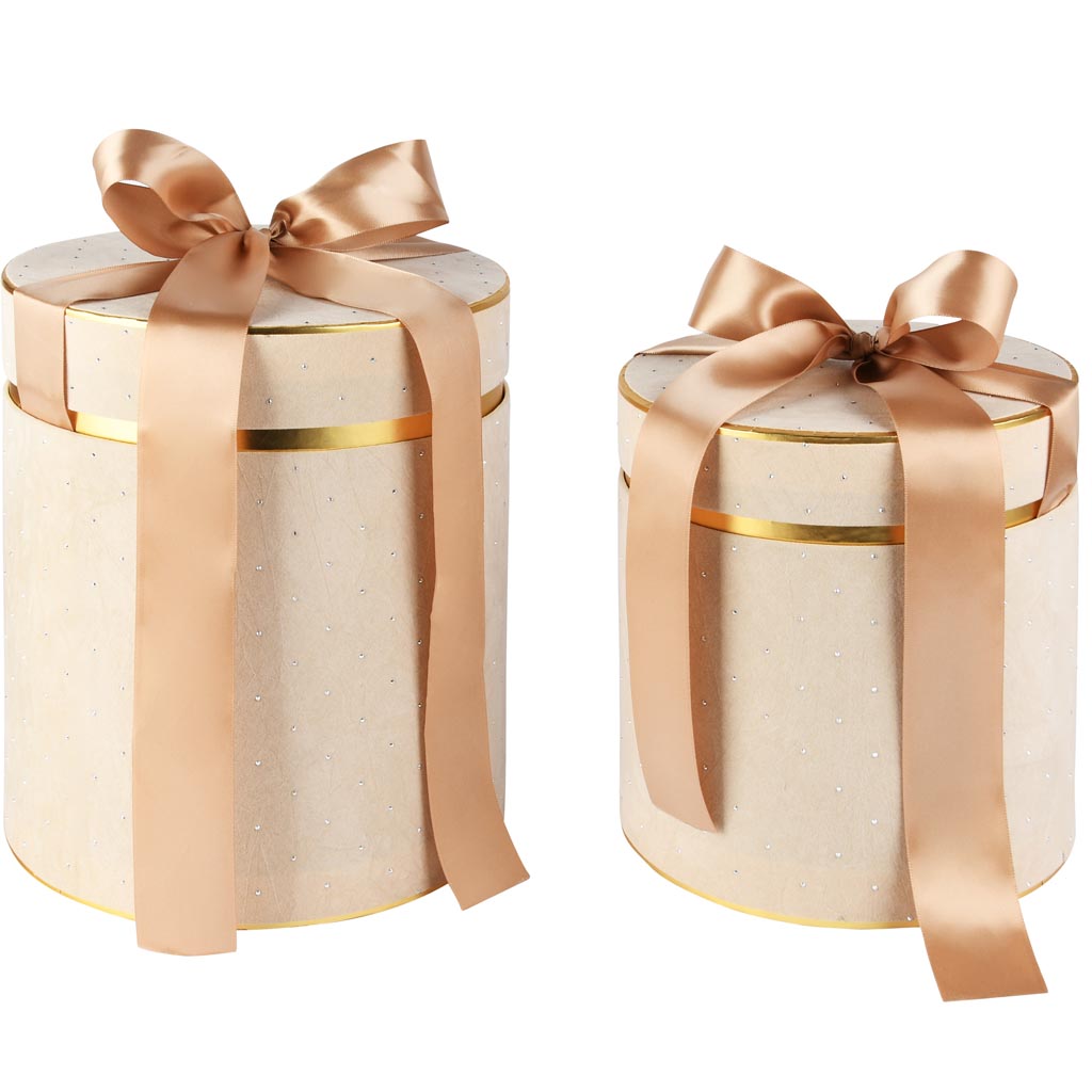 Dekoratief | Set 2 tondozen m/striklint, beige/goud, velvet/karton, 21x21x25cm | A255302