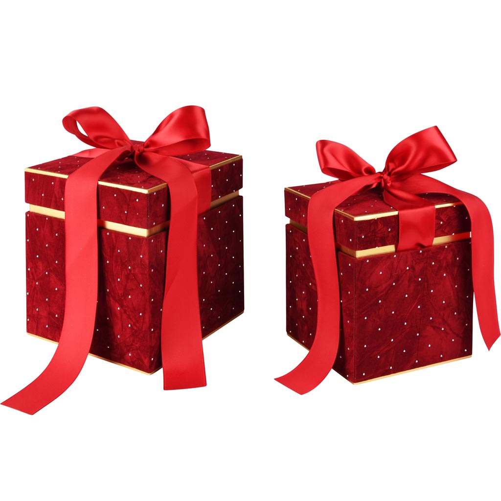 Dekoratief | Set 2 dozen vierkant m/striklint, rood/goud, velvet/karton, 16x16x17cm | A255304