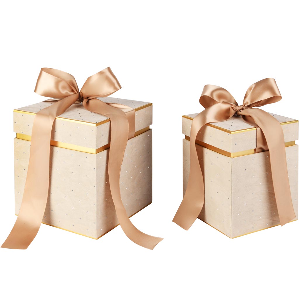 Dekoratief | Set 2 dozen vierkant m/striklint, beige/goud, velvet/karton, 16x16x17cm | A255305