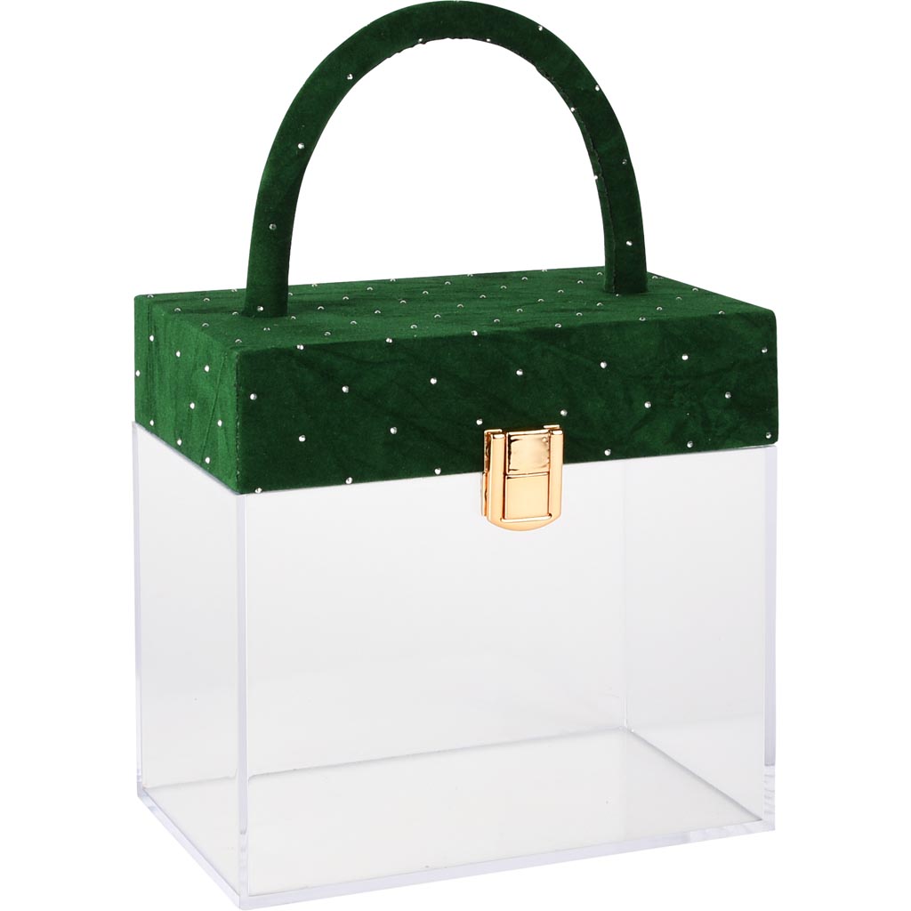 Dekoratief | Koffertje, groen/transparant, velvet/acryl, 17x10x16/26cm | A255306