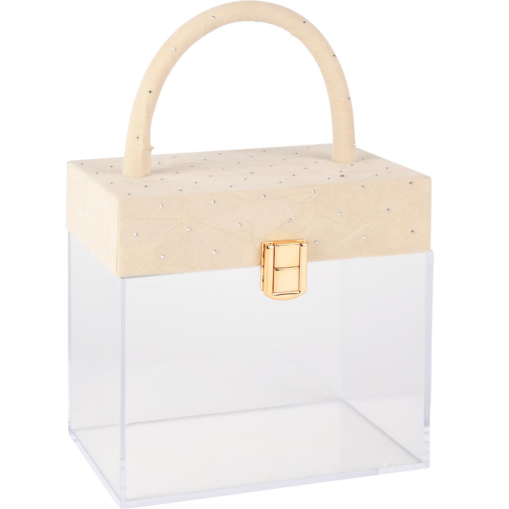 Dekoratief | Koffertje, beige/transparant, velvet/acryl, 17x10x16/26cm | A255307
