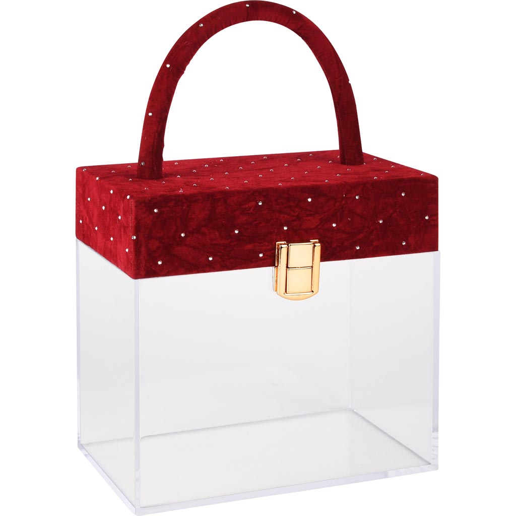 Dekoratief | Koffertje, rood/transparant, velvet/acryl, 17x10x16/26cm | A255308