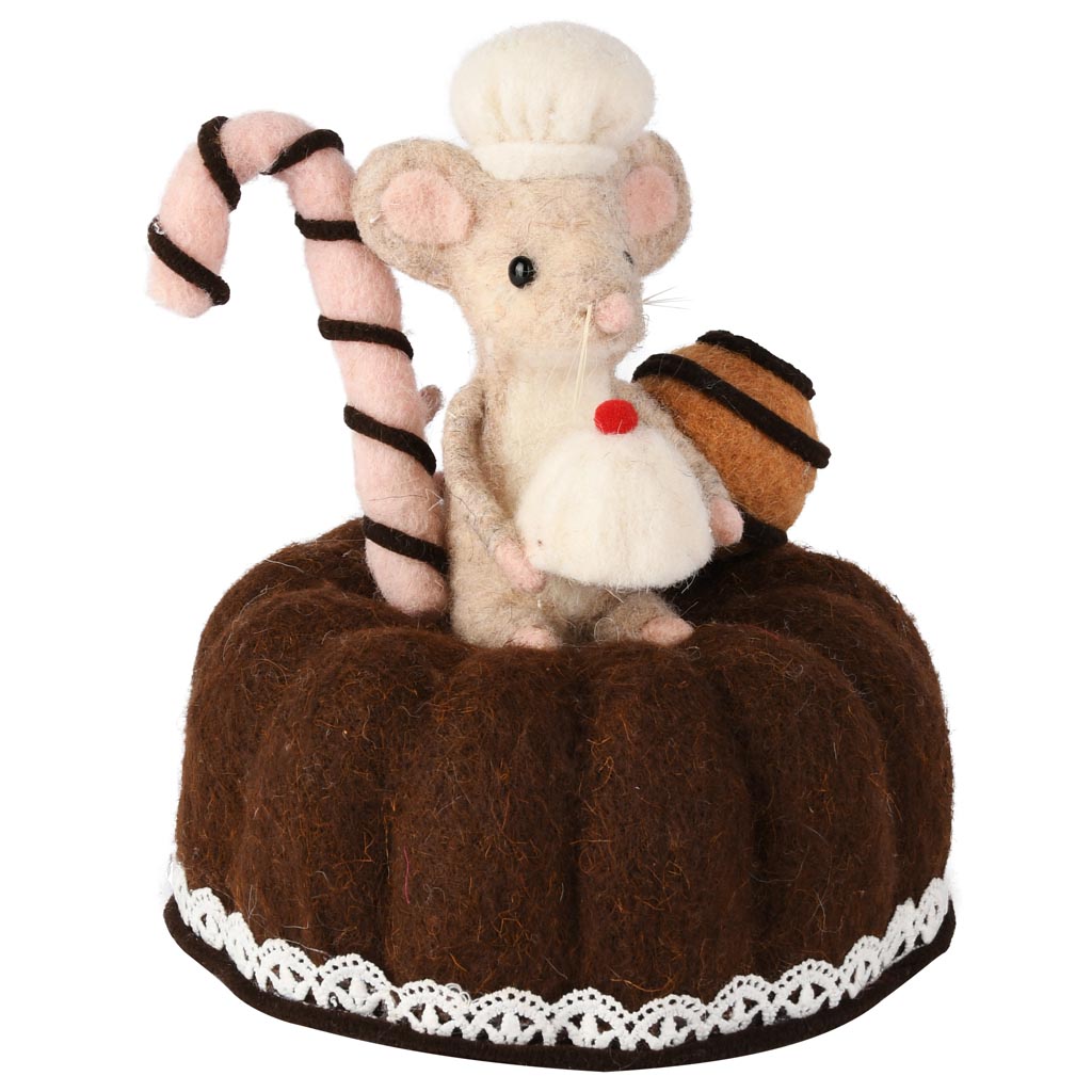 Dekoratief | Cake m/muis/gebak, bruin/roze, stof, 16x16x19cm | A255331