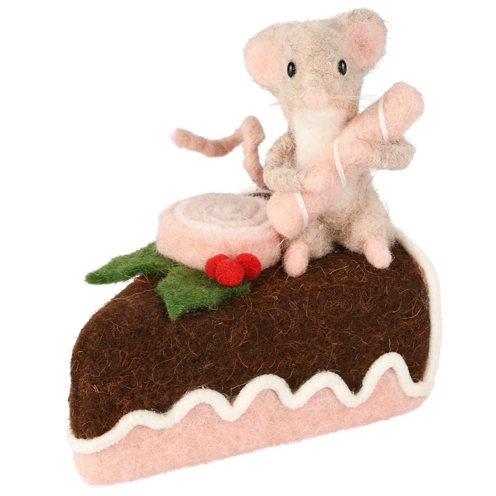 Dekoratief | Taart m/muis, roze/bruin, stof, 9x12x12cm | A255332