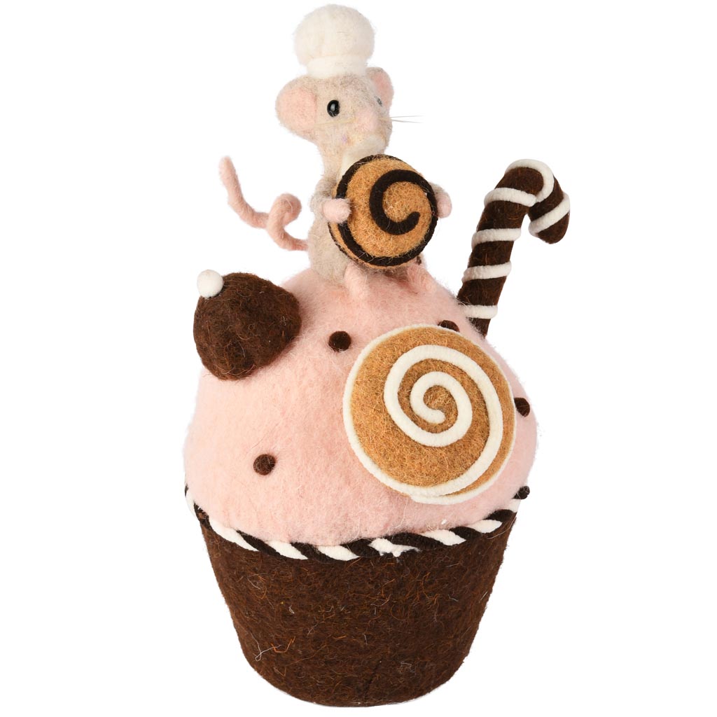 Dekoratief | Cupcake m/muis, roze/bruin, stof, 14x13x23cm | A255333