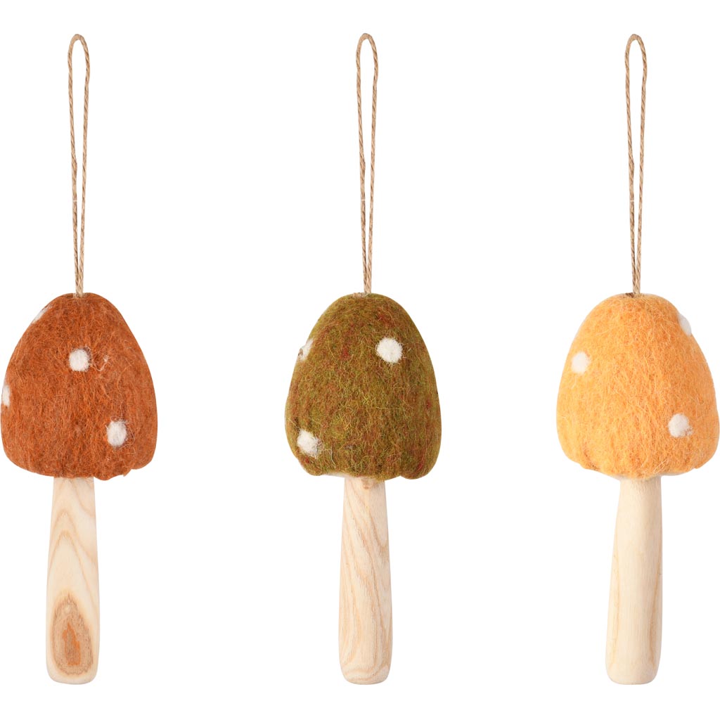 Dekoratief | Hanger paddenstoel, oranje/groen/geel, stof/hout, 5x5x13cm, set van 3 stuks | A255350
